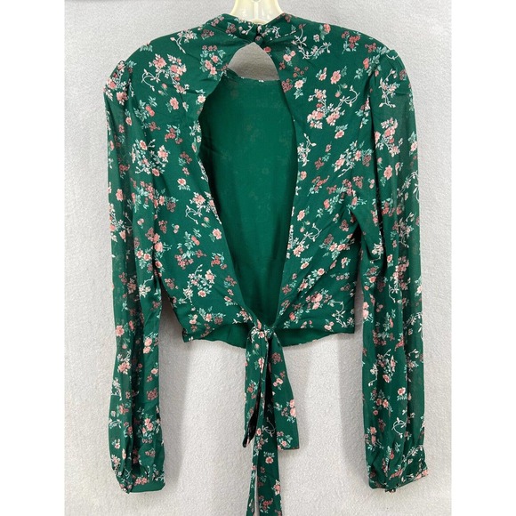 Reformation Shirt Sz 12 Raye Emilia Green Floral Long Sleeve Open Back Crop - Picture 8 of 14